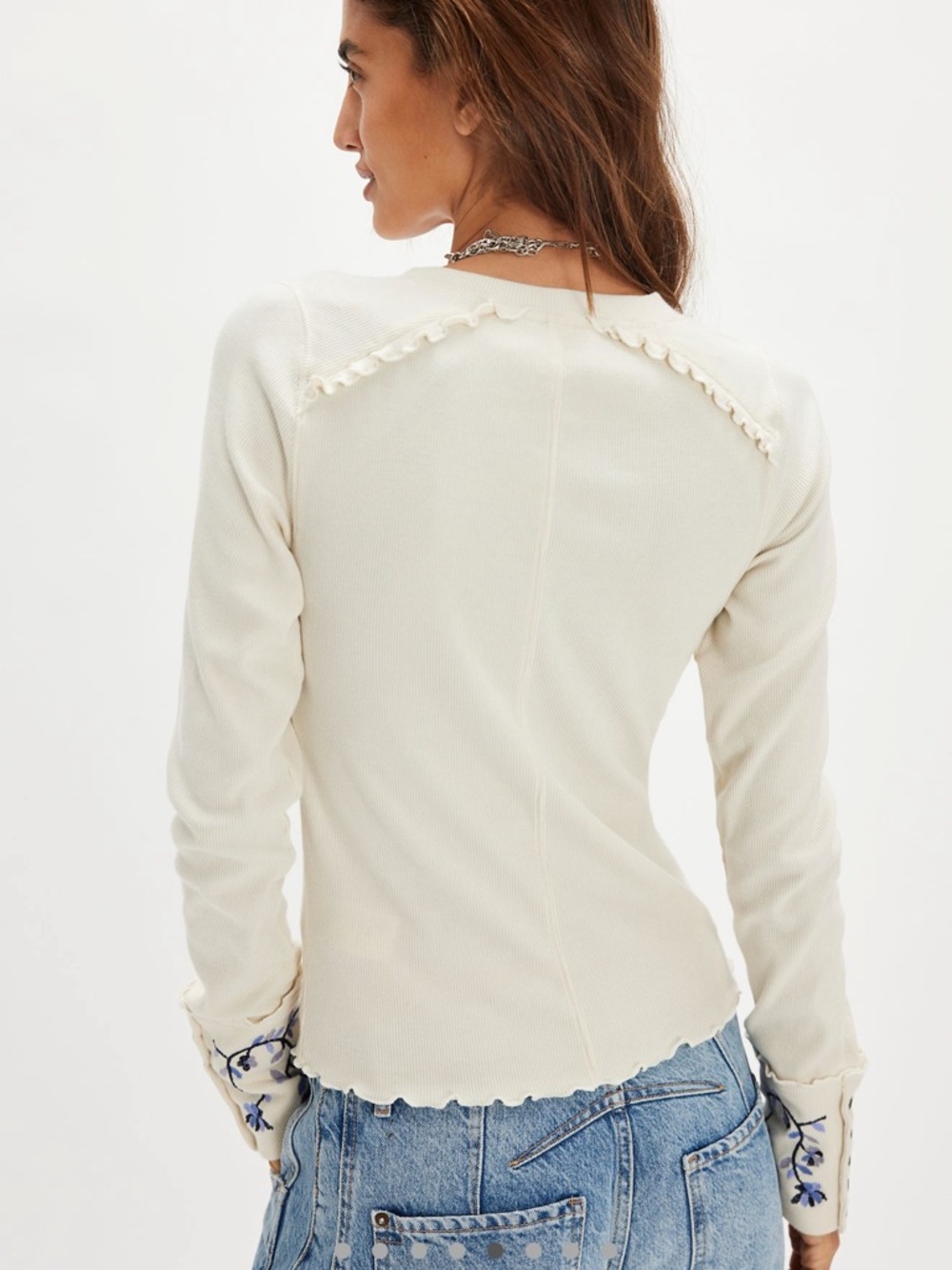 Free People Fleur Embroidered Henley Cuff Top in Tea Cookie - Picture 3 of 8